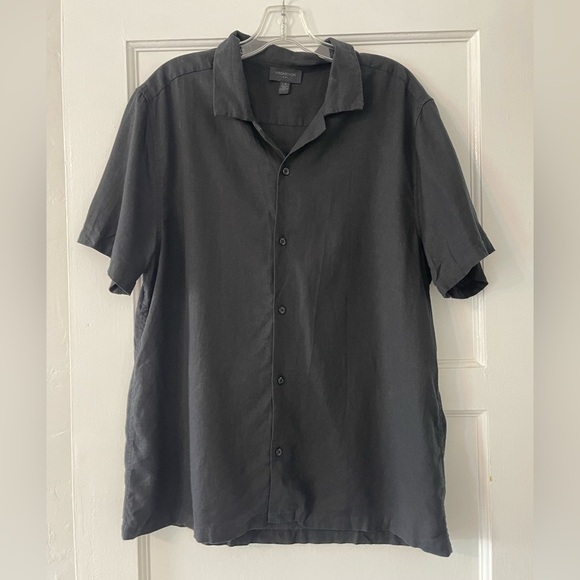 Magaschoni MAN Linen Blend Button Down Short Sleeve Shirt Black Large - Picture 2 of 8
